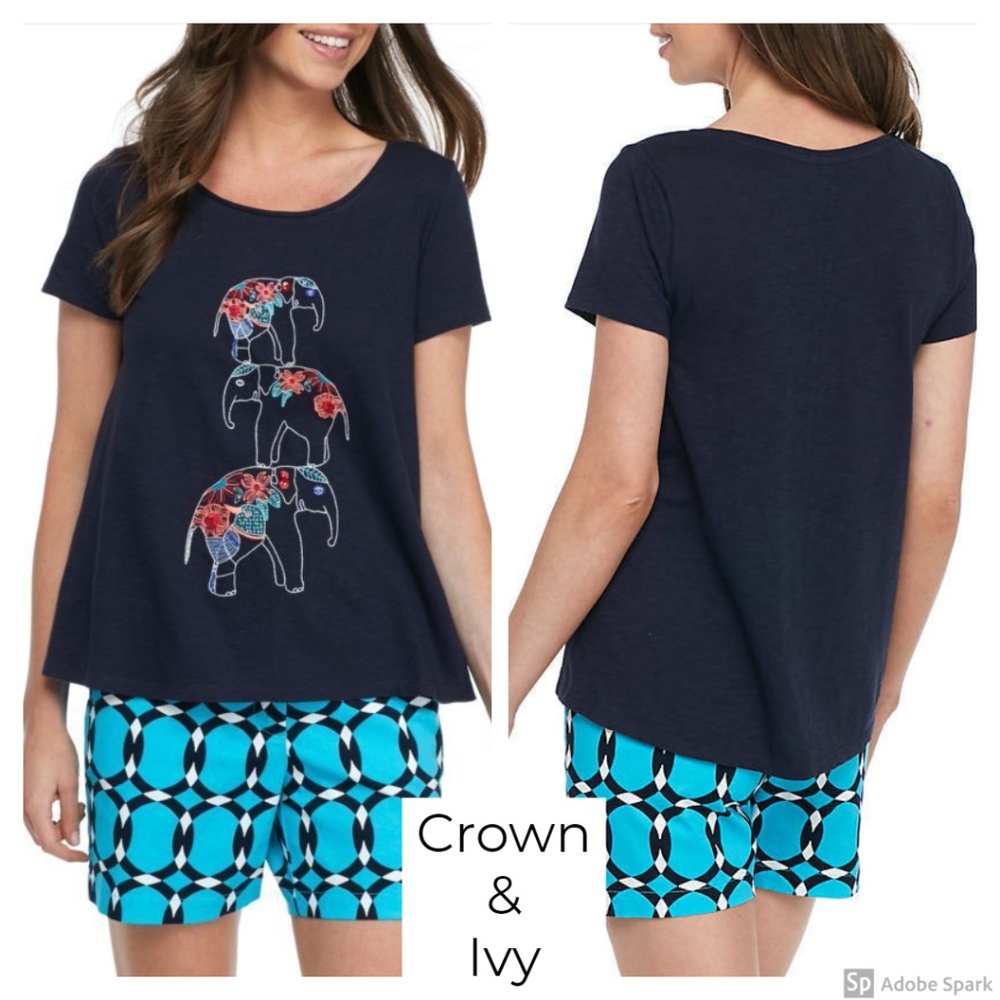 Crown & Ivy Navy Blue Elephant‎ Poetry Tee Short Sleeve T-shirt Size S NWT